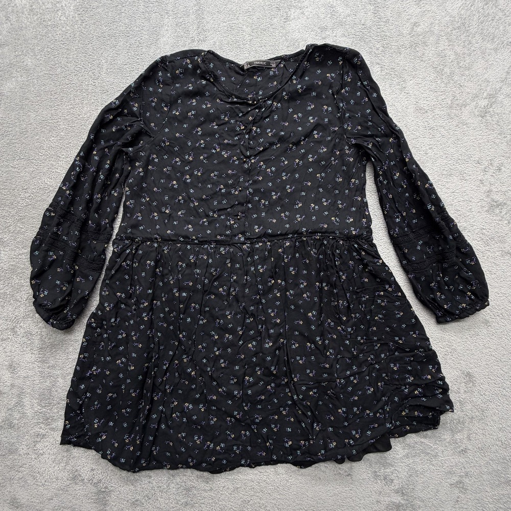Zara Trafaluc Dress Womens Large Black Floral Chiffon Long‎ Sleeve Mini Boho